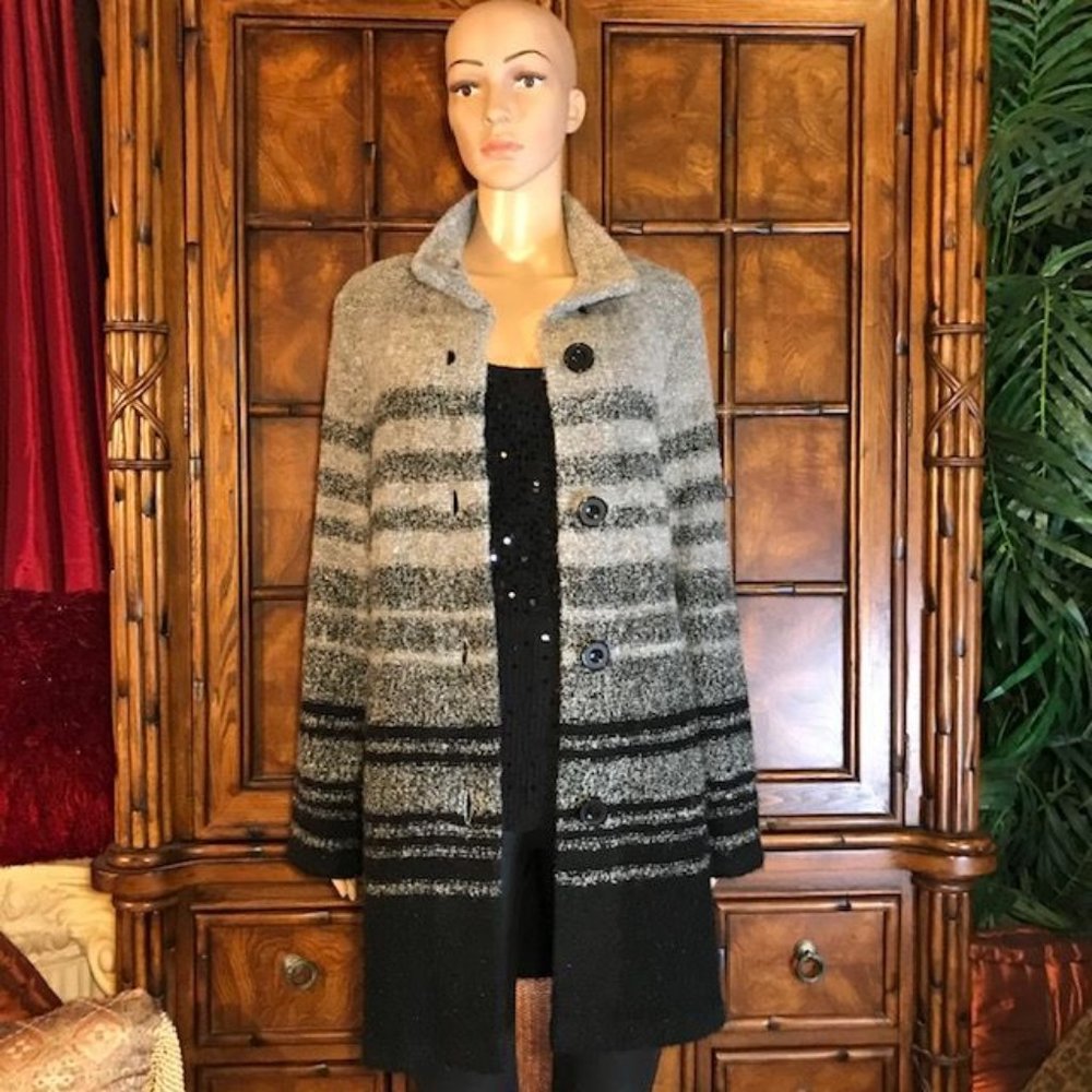 Jones New York Black Gray Shimmer Stripe Duster Cardigan